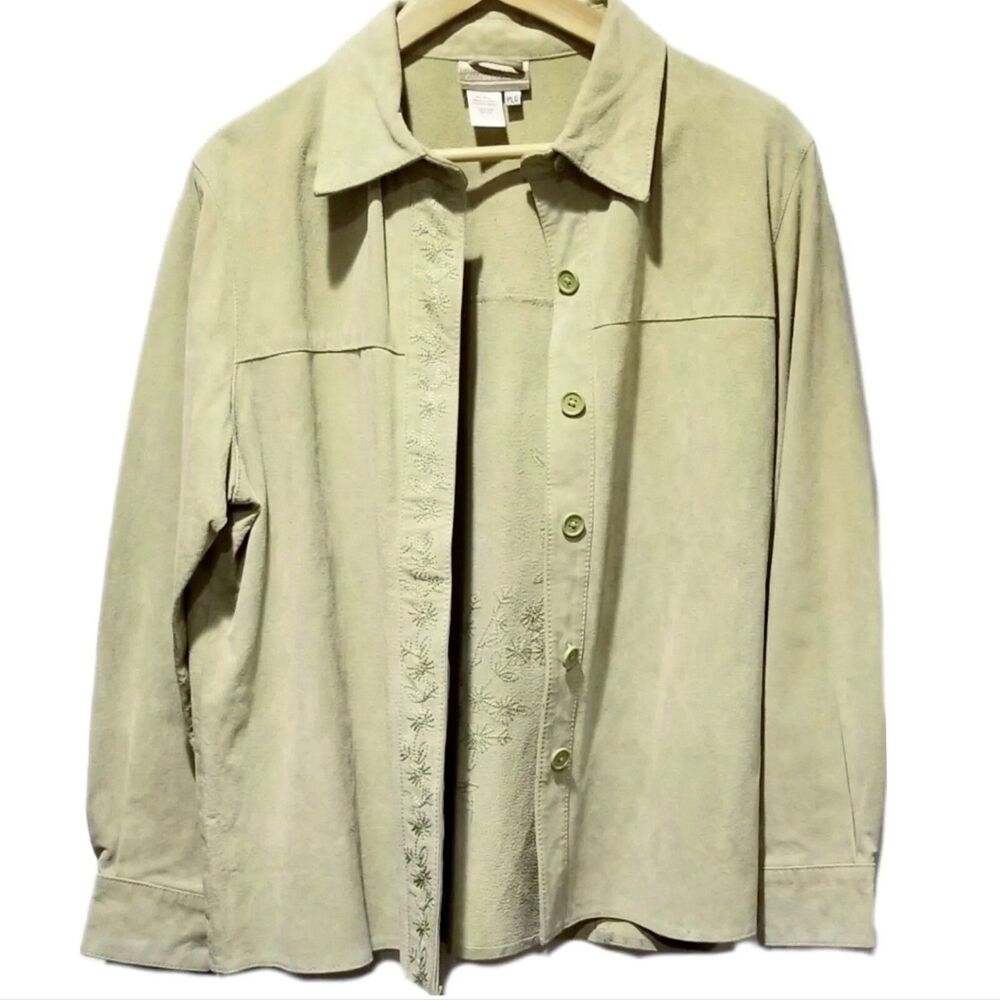 Coldwater Creek Suede Jacket Button Up Embroidered Olive Green Petite PLG